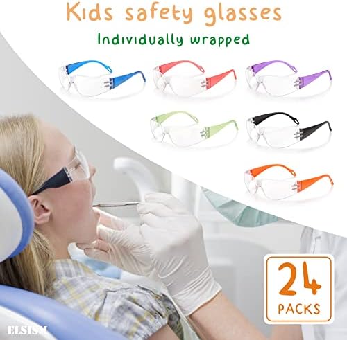 Детски Предпазни очила ELSISM 24 в опаковка, 6 цвята, Очила с защита от ултравиолетови лъчи за деца, Удароустойчив и Баллистически устойчиви Предпазни очила по стандарт