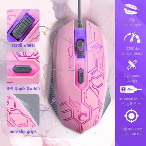 Розова Детска клавиатура и мишка, Слушалки, слушалки и подложка за мишка с кабелна led RGB, комплект розови аксесоари