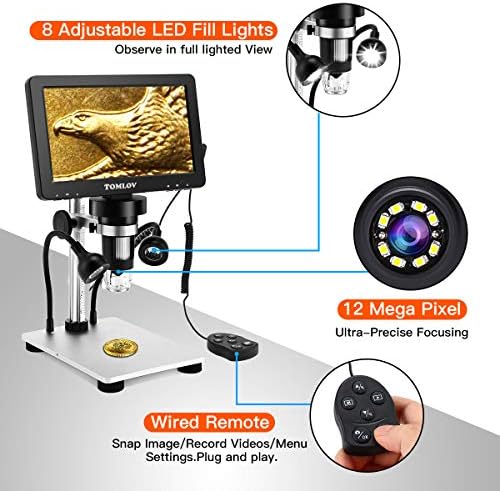 Цифров LCD микроскоп TOMLOV DM9 1200X със 7-инчов екран + поставка BS01, Видеомикроскоп 1080P с метална стойка, Сверхточная