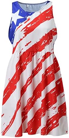 Лятна рокля на 4 юли за Жените, Ежедневно Богемное Рокля с Флага на САЩ, Без ръкав, С Кръгло Деколте, Струящийся