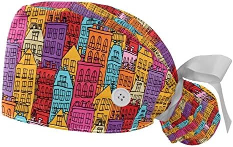 Niaocpwy 2 пакета Дамски Работна Шапка с Копчета, Завязывающаяся Панделка Отзад, Цветни Градиентный Шаблон Букви, Дълги