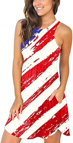 Лятна рокля на 4 юли за Жените, Ежедневно Богемное Рокля с Флага на САЩ, Без ръкав, С Кръгло Деколте, Струящийся