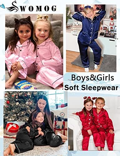 SWOMOG/Комплект Детски Копринени Сатен Пижам за Момичета и Момчета, Пижамный Комплект 2 Джоба, Пижама с дълъг ръкав, Комплекти