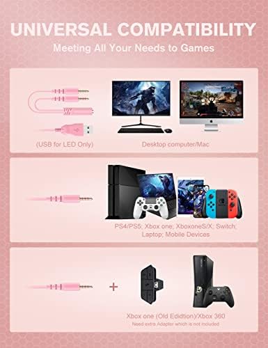 Детска слушалки ZIUMIER Z20 за PS4, PS5, Xbox One, PC, Опънат над главата слушалки с микрофон с шумопотискане, съраунд звук 7.1, Удобни слушалки, бяло и розово