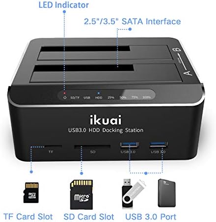 ikuai SATA към USB 3.0 Докинг станция за твърд диск с две отделения ＋ 4 Порта, захранвани от USB 3.1/ 3.2 Gen 2 Hub високоскоростен