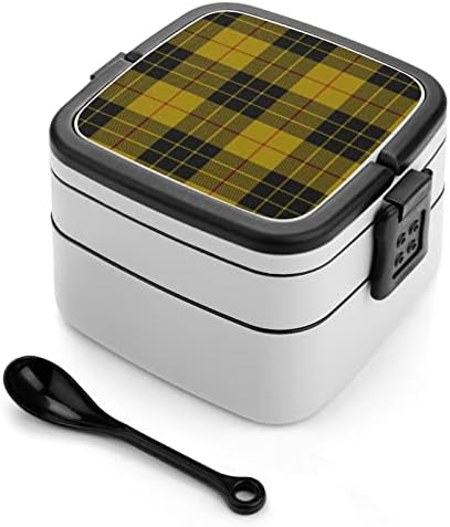 Жълто-Черна Клетчатая Кутия за Bento, Двуслойни Многослоен Контейнер за Обяд Всичко в Едно с Лъжица за Пикник, Работа и Пътуване