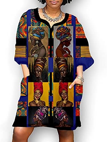 Модно Африкански Рокля, Реколта Рокли С Принтом За Жени, На Средния Ръкав, V-Образно Деколте, Ежедневното Свободно Мини Рокля Размер Плюс Szie