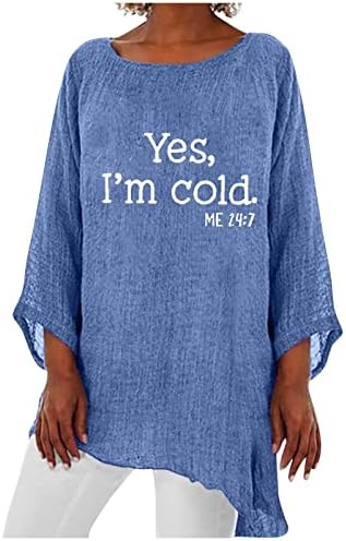 Памук, Ленени Блузи за жени Yes I ' m Me Cold 24:7, Обикновен Пуловер с кръгло деколте и дълъг Ръкав, Есенни Елегантни