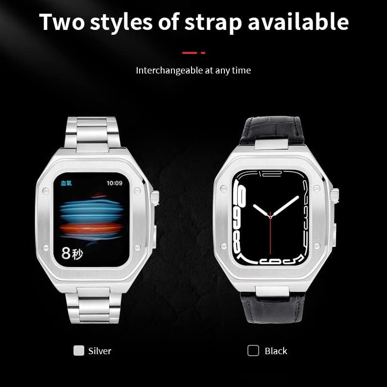 CNHKAU Луксозен метален калъф за Apple Watch Band Series 8 7 44 мм 45 мм, комплект за промяна каишка от естествена кожа,