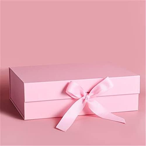 Правоъгълна Подарък кутия, Сгъваем Капак с магнитна закопчалка, Картонени Кутии за опаковане на подаръци с панделка (Розово,