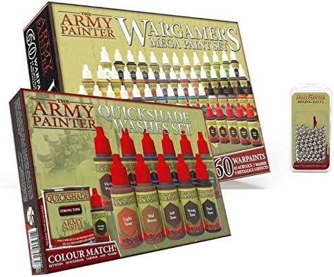 Комплект за рисуване Army Painter Mega Paint Set 3 и средства за измиване на Quickshade: Комплект за рисуване Wargamers от 60 акрилни бои със 100 топки за смесване Плюс набор за миниатюрна ж?
