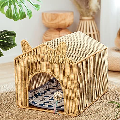 Къщичка за котки от плетеного ратан JinKeHong, екологично Чисти Материали, Къщичка за котки ръчно изработени с възглавници,