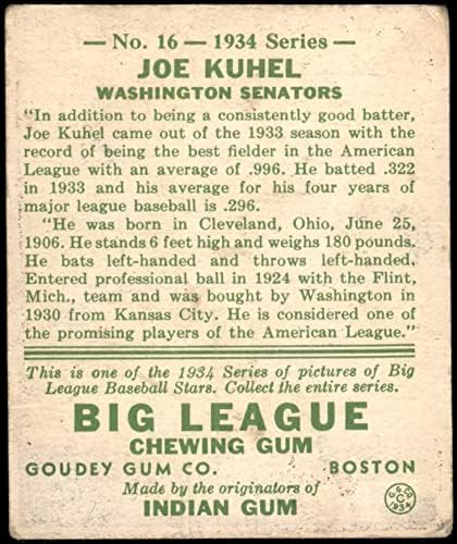 1934 Гуди 16 Джо Кюхель Вашингтонские сенаторите (Бейзболна картичка) ДОБРИ сенатори