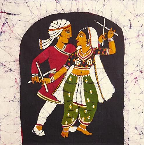 Кукли индийски народни танцьорки гуджарати - 18 x 18 инча - Многоцветен рисувани батик върху тъкани - Без рамка (UA55)