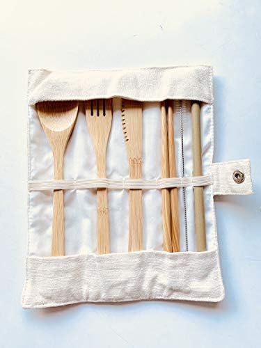 Комплект прибори за хранене от органичен бамбук и калъф за носене на ръка, нож, лъжица, вилица, бамбук соломинка