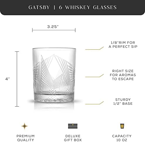 Комплект чаши за уиски JoyJolt Gatsby от 6 текстурирани чаши за уиски бар (10 унции). Старомодни чаши Rocks за лепенката,