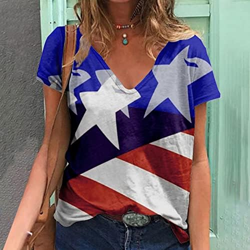 Дамска Блуза Цветен Блок Американски Флаг Свободно Намаляване на Извънгабаритни Блузи, Тениски С Къс Ръкав V Образно