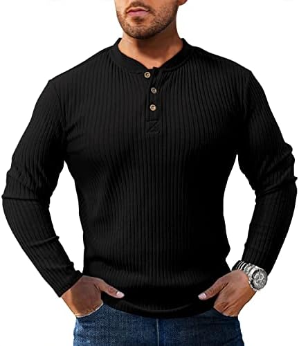 Мъжки ризи Поло YRW, Риза Хенли с дълъг ръкав, Класическа Однотонная риза за голф в рубчик от еластичен плат