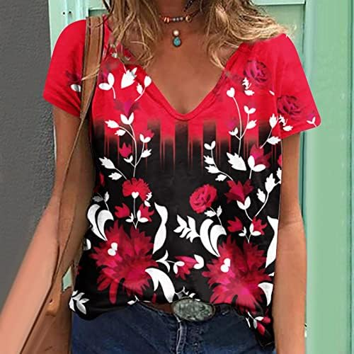 Женска Тениска С Къс Ръкав и Дълбоко V-Образно Деколте, Памучен Блуза с Цветен Модел, Риза за Дами, Лято-Есен Z9 Z9