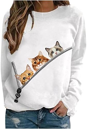 Fanteecy/ Дамски Тениски с 3D Принтом Котка, Всекидневни Пуловер с кръгло деколте и дълъг ръкав, Тениска с изображение