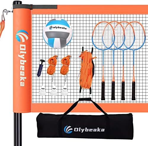 Комбиниран комплект за бадминтон и волейбол Olybeaka с мрежа, Анти-Провисающим дизайн, 4 Ракетками за бадминтон,