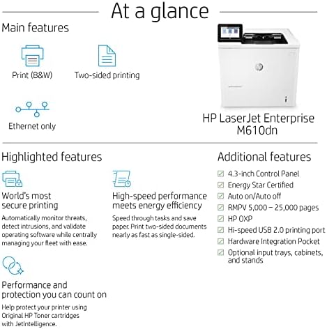 Однофункциональный кабелна монохромен лазерен принтер HP Laserjet Enterprise M610dn - само печат - Сензорен екран с диагонал 4,3 инча, 55 стр/мин, 1200x1200 dpi, памет 512 MB, Автоматичен дву