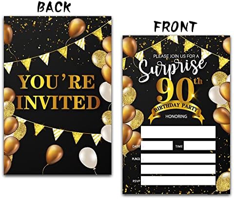 Покани за парти в чест на 90-годишнината от изненада В пликове (20 пакети) | Черно-Златни Покани Картички с размер 4 x 6 инча