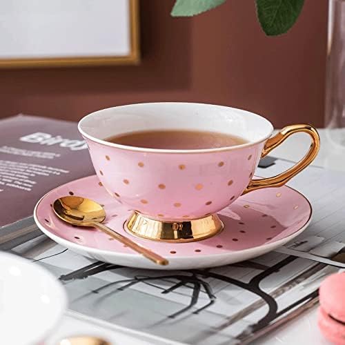 GENIGW Розови Керамични Чашата за Кафе с Блюдцем, Определени за Следобеден Чай, Чаша Черен Чай, Чаша с Блюдцем във формата на Сърце за Момичета