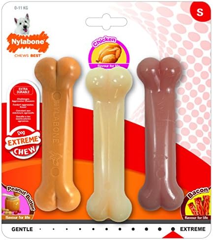 Детски играчки за дъвчене за кучета от изкуствена кост с вкус на фъстъчено масло, пиле и бекон Nylabone (опаковка