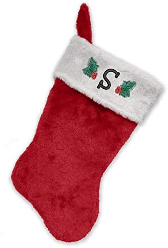 Коледни чорапи с бродирани мен монограм, Червено-бял плюш, Инициал S