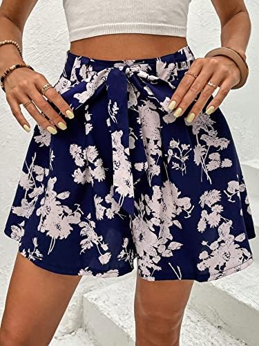 Дамски къси панталони ATIASRAMA С флорални принтом, Широки панталони с колан (Цвят: тъмно синьо Размер: Малка)