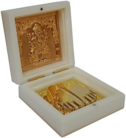 Подарък кутия за Пуджа от purpurea смола: Ганеша Ganapati със Златни Крака Падука за Пътуване или за подаръци (12394C)