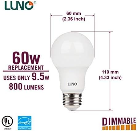 Led лампа LUNO A19 с регулируема яркост, 9,5 W (еквивалент на 60 W), На 800 Лумена, 2700 К (мека), Средна база (E26), UL &