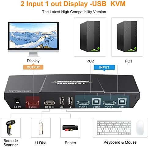 TESmart 2-портов превключвател DisplayPort 4K @ 60Hz Ultra HD 2x1 DP KVM с 2 броя 5-футовыми кабели, KVM и DP-кабели Поддържа