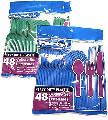 Колекция еднократна трапезно сребро 1 OM Blue & Green Team Colors - Набор от пластмасови прибори за хранене от 96 предмети - 32 лъжици, 32 вилици, 32 нож - 2 опаковки по 48 броя