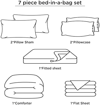 Bedsure Bed in a Bag California King Size 7 Елементи, Комплекти спално бельо в бяло-синята ивица, Сезон Комплект