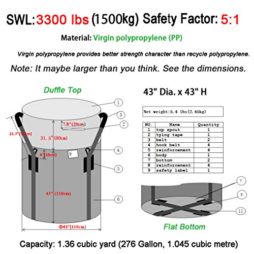 Опаковка Secbolt от 6 торби за насипни материали FIBC, защита от uv 3 години, 3300 паунда тегло 1,5 тона при коефициент на сигурност