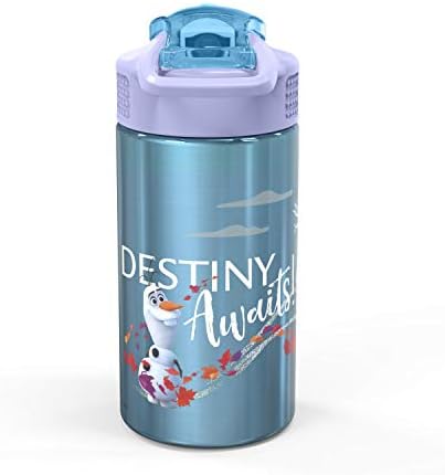 Бебешко шише за вода Zak Designs Frozen II обем 15,5 грама от неръждаема стомана с откидывающимся соломенным накрайник, Здрава конструкция, не съдържа Бисфенол А (Елза и Анна) (