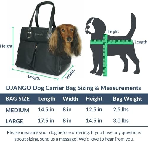 Чанта-переноска за кучета DJANGO - от Вощеного платно и кожа, Мека чанта за домашен любимец с привязным колан за безопасност и надеждни джобове с цип (Голяма, черна)