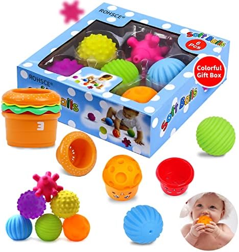 Сензорни Играчки ROHSCE за деца от 1-3 години, Меки Слот Кубчета, Текстурирани Топки за деца и Пръстени за Подреждане на играчките