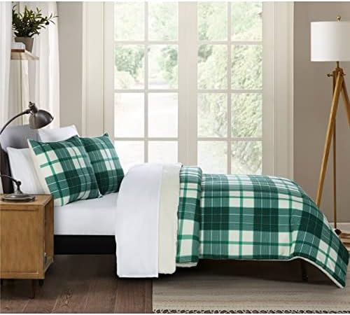 Комплект уютни Фланелевых одеяла Casa в Зелено-бялата клетка от Глен, сменяющийся на Супер Меко Шерп-одеяло, Twin