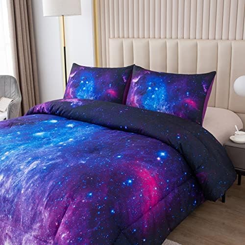 NINENINE Galaxy Одеяло Космически Комплект Спално бельо Queen Size за деца-тийнейджъри, Момичета Лилаво Комплект