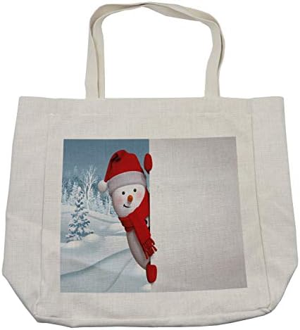 Пазарска чанта Ambesonne под формата на Снежен човек, Смешно Выглядывающего характер на фона на Заснеженного Елового гори, Дългогодишна