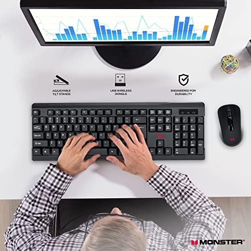 Комбинирана безжична клавиатура и мишка Monster - пълен размер Безжична клавиатура с цифрова клавиатура за Windows