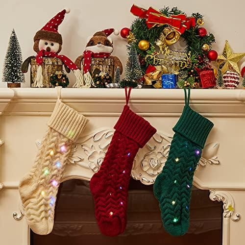 12 Бр. Led Коледни Възли Окачени Чорапи, 18 Големи Декоративни Коледни Чорапи със Светлината за Деца, Семейно Украса