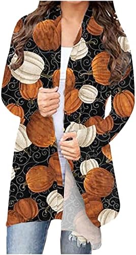Пуловери за Хелоуин с отворена Предна Част, Дамски Блузи с Дълъг Ръкав, Тиква Принт под формата на Паяжина, Леки Жилетки