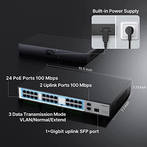 24-портов switch PoE, unmanaged switch PoE + Ethernet 10/100 Mbps с 2 гигабитными възходящи пристанища, мощност до 30 Вата