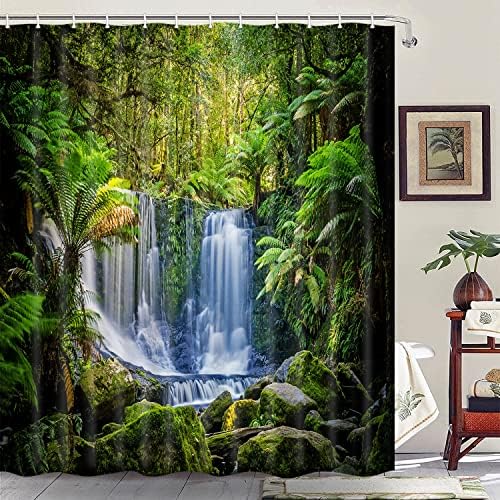 Завеса за душ JAWO Гори, Зелени Тропически Растения и Водопад, Интериор на Баня от Полиэстеровой Тъкан, Завеса за баня