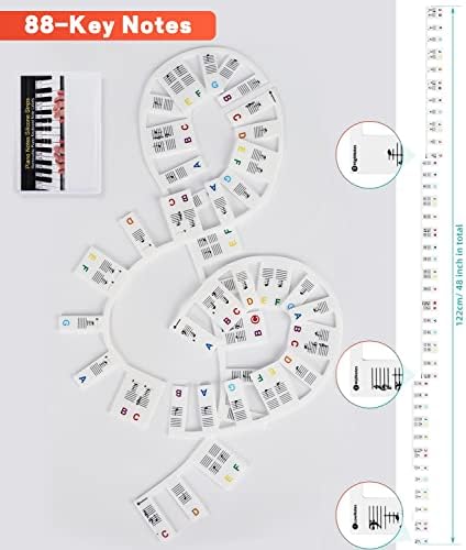 Сменяеми етикети за бележки на клавиатурата на пиано - 88 клавиша (с футляром за съхранение) пълен размер гумени