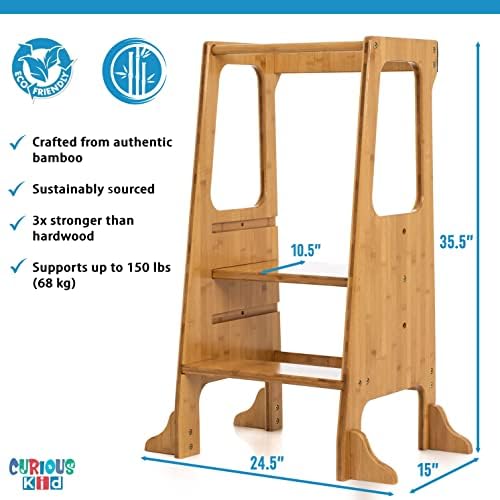 Любопитен Детски Кухненски Стол-стремянка за бебета и малки деца - Бамбук на Застояла кула с Регулируема височина